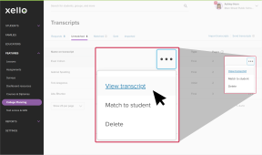 Transcripts page in Xello with the "Unmatched" tab open. Three dot menu next to student name is open with cursor selecting "View Transcript"